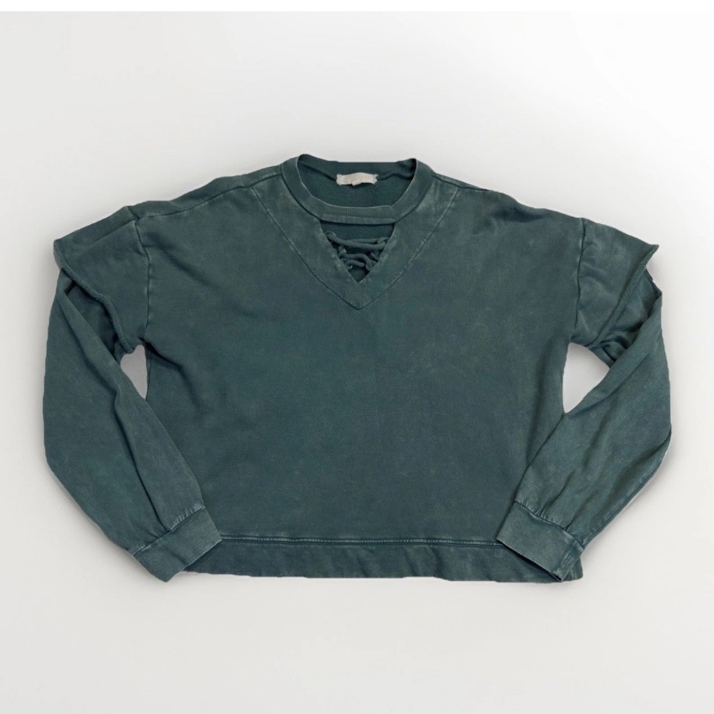 Women’s Lace Up Cropped Pullover With Acid Washed Teal Size Medium